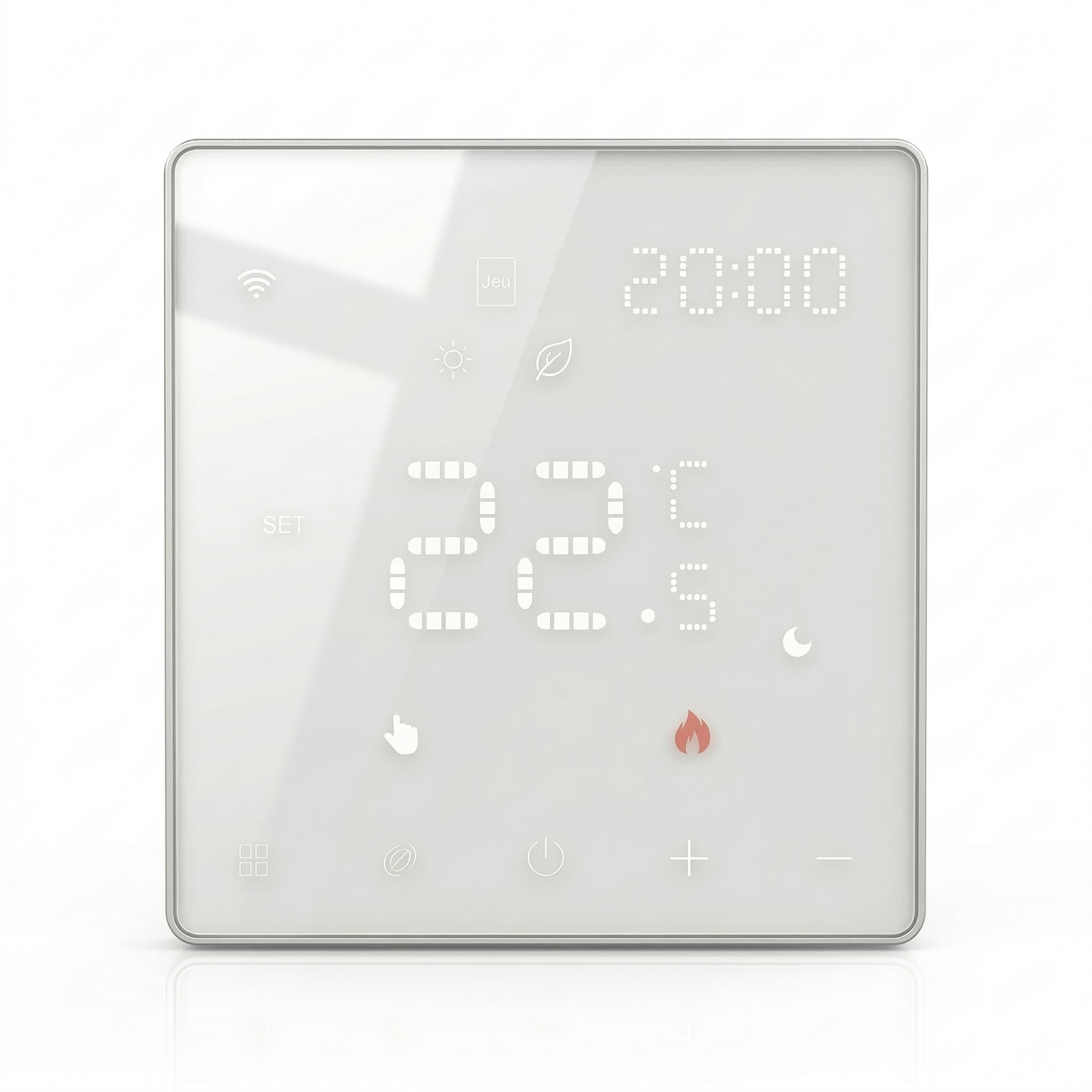 Vue de face du thermostat mural tactile NéoPure Comfort blanc pur avec affichage LED lumineux.