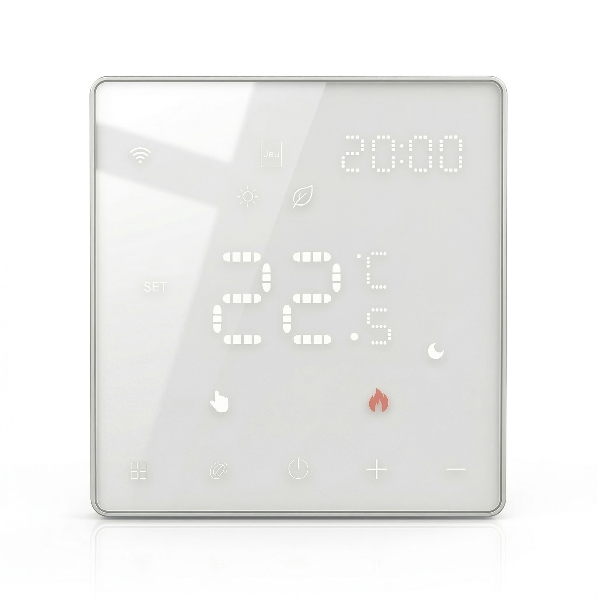 Vue de face du thermostat mural tactile NéoPure Comfort blanc pur avec affichage LED lumineux.
