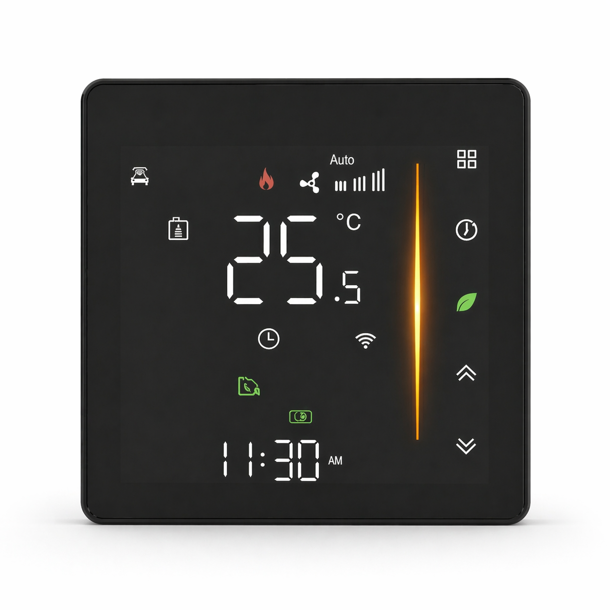 Thermostat mural tactile NéoGlass Comfort noir absolu avec écran LED couleur et façade effet verre.