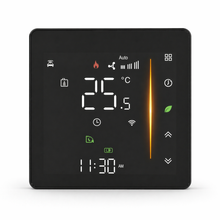 Thermostat mural tactile NéoGlass Comfort noir absolu avec écran LED couleur et façade effet verre.