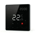 Thermostat mural intelligent NéoPure Comfort noir absolu avec écran tactile LED et affichage de température.