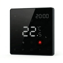 Thermostat mural intelligent NéoPure Comfort noir absolu avec écran tactile LED et affichage de température.