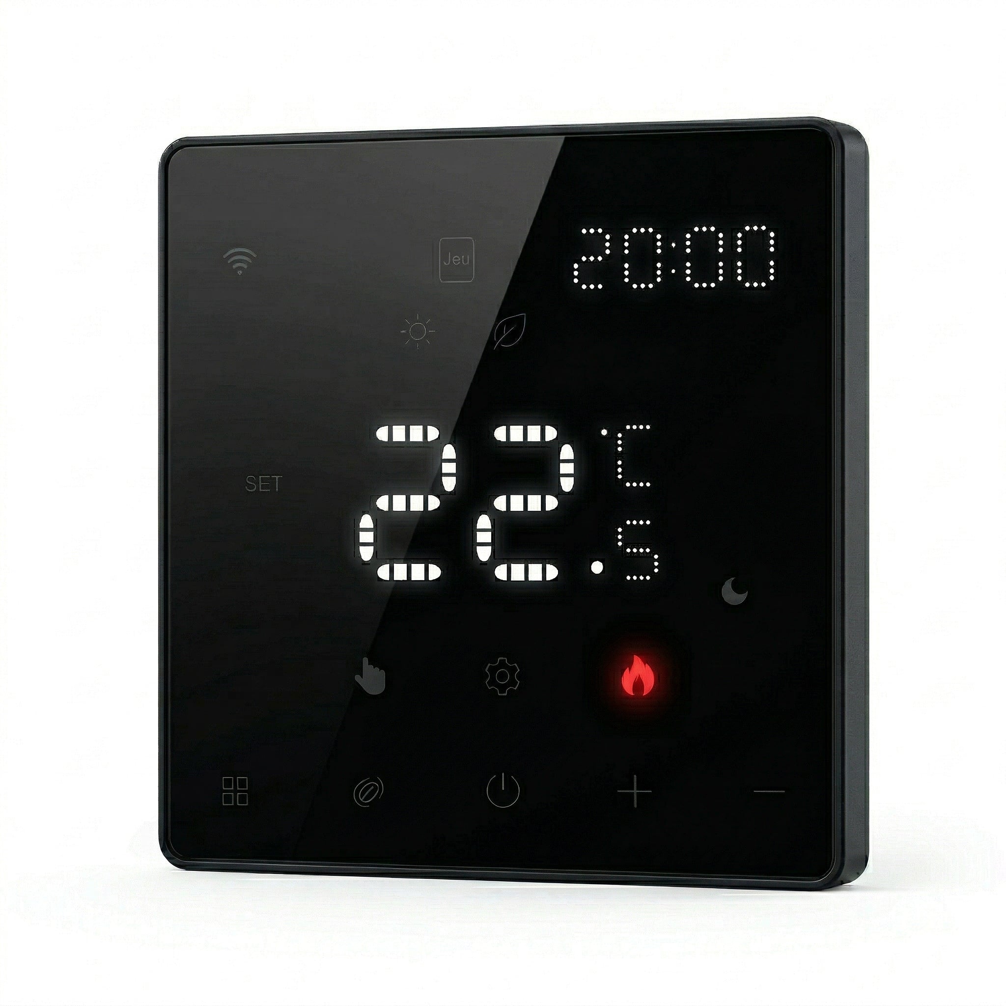 Thermostat mural intelligent NéoPure Comfort noir absolu avec écran tactile LED et affichage de température.