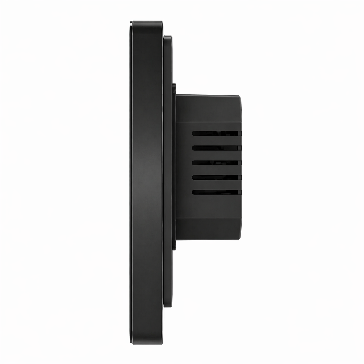 Vue de profil du thermostat mural tactile NéoGlass Comfort avec façade effet verre et boîtier encastrable.