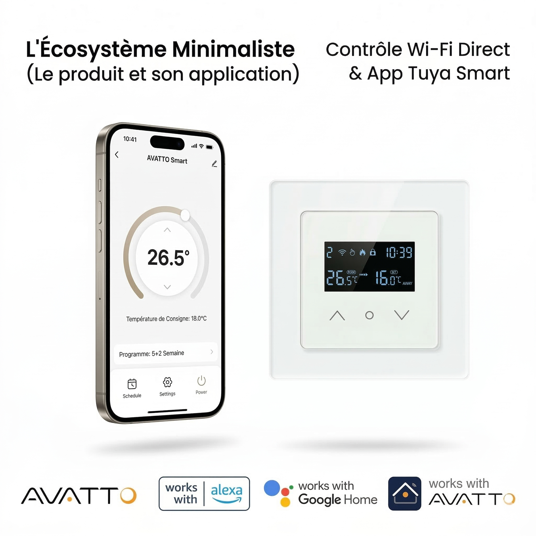 Thermostat mural Wi-Fi avec application Tuya Smart et contrôle direct.