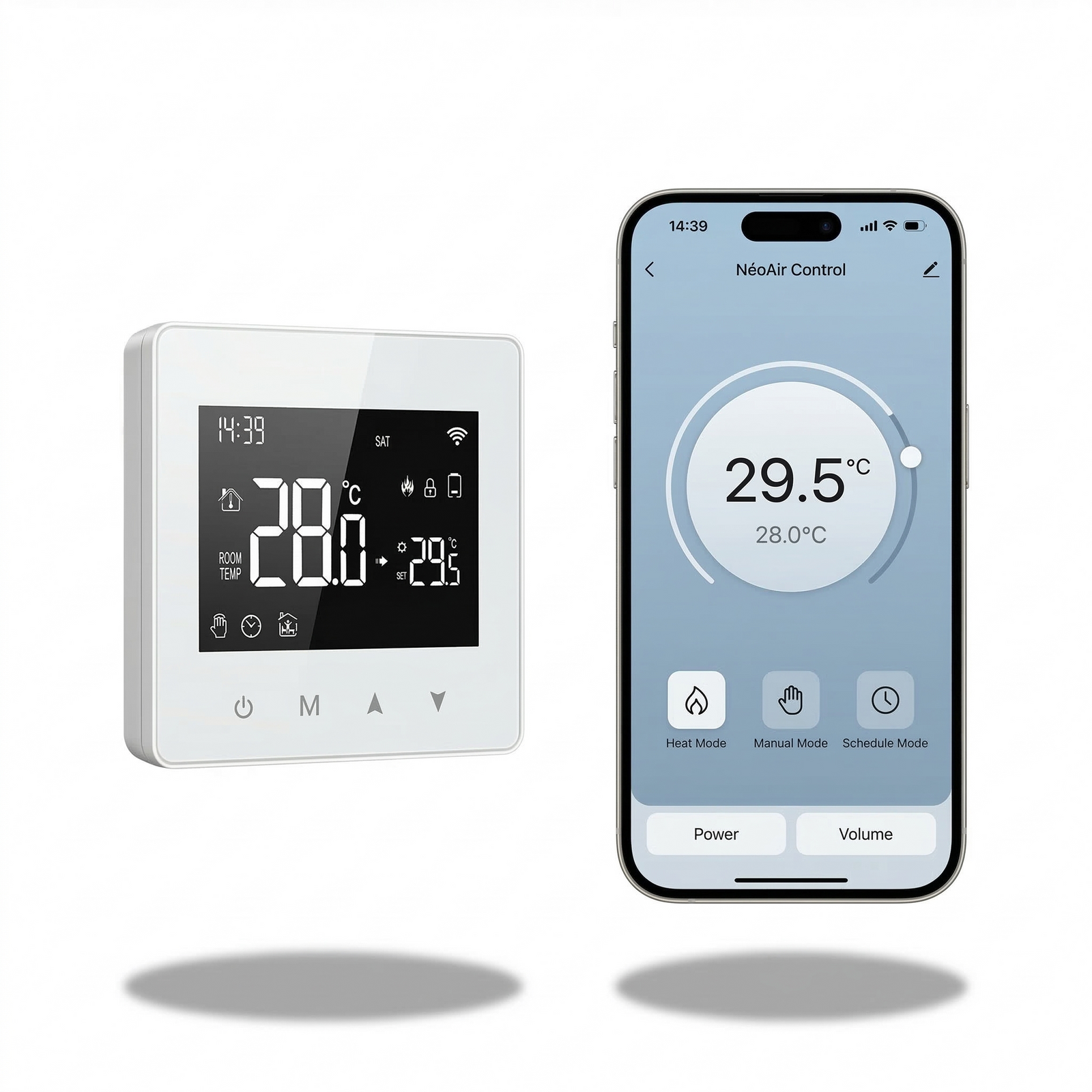 Thermostat mural Wi-Fi blanc connecté à une application mobile.