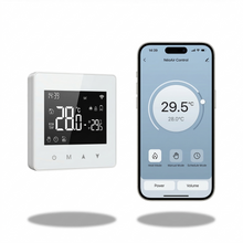 Thermostat mural Wi-Fi blanc connecté à une application mobile.