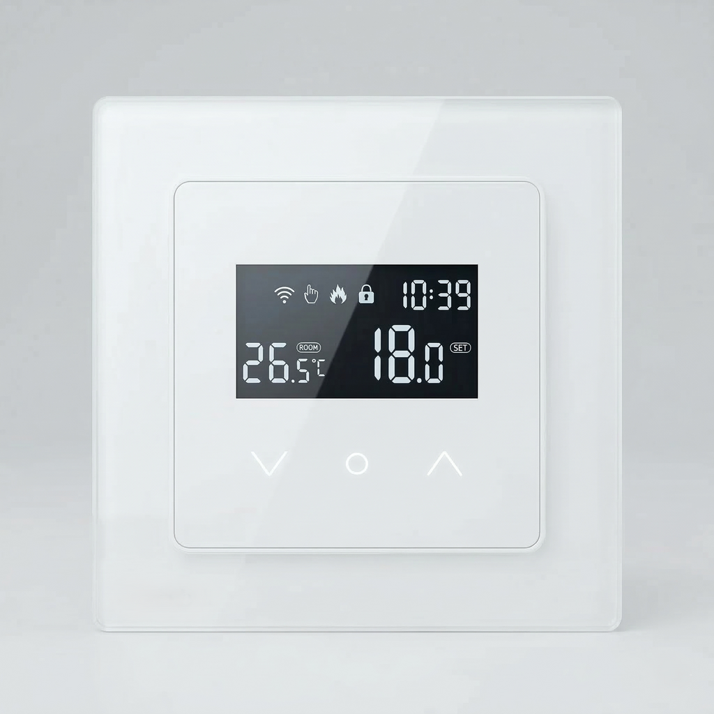 Thermostat mural Wi-Fi blanc vu de face avec affichage digital.