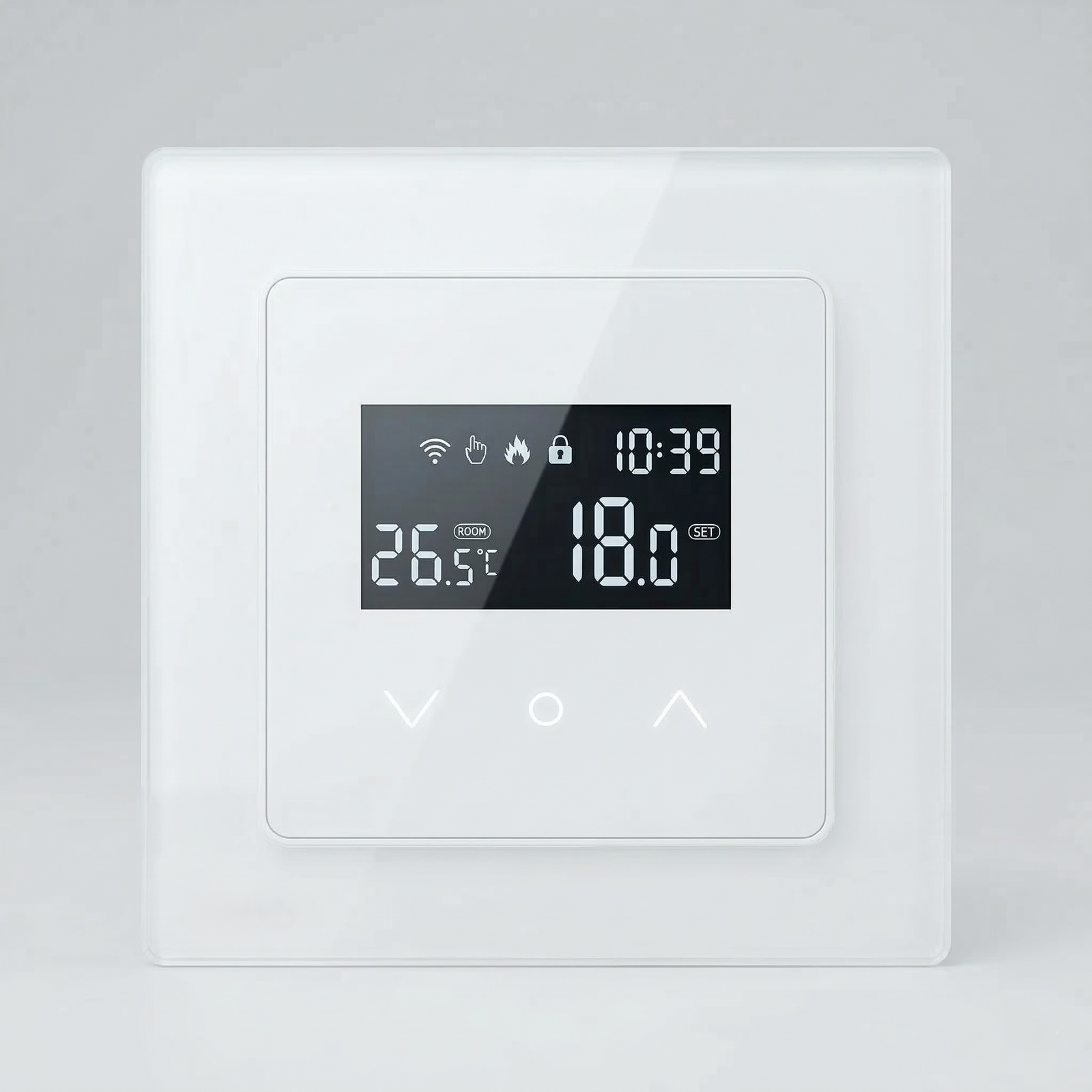 Thermostat mural Wi-Fi blanc vu de face avec affichage digital.