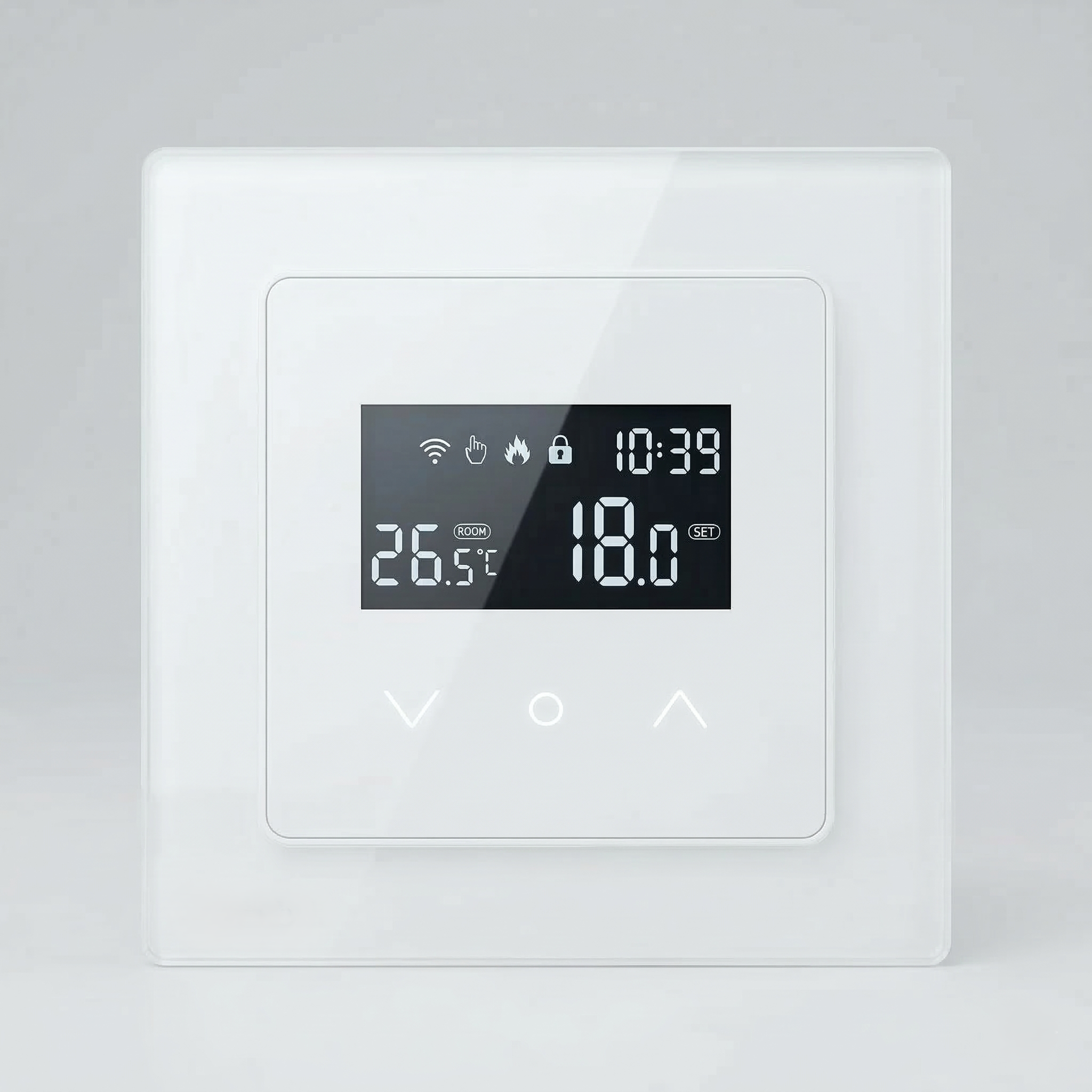 Thermostat mural Wi-Fi blanc vu de face avec affichage digital.