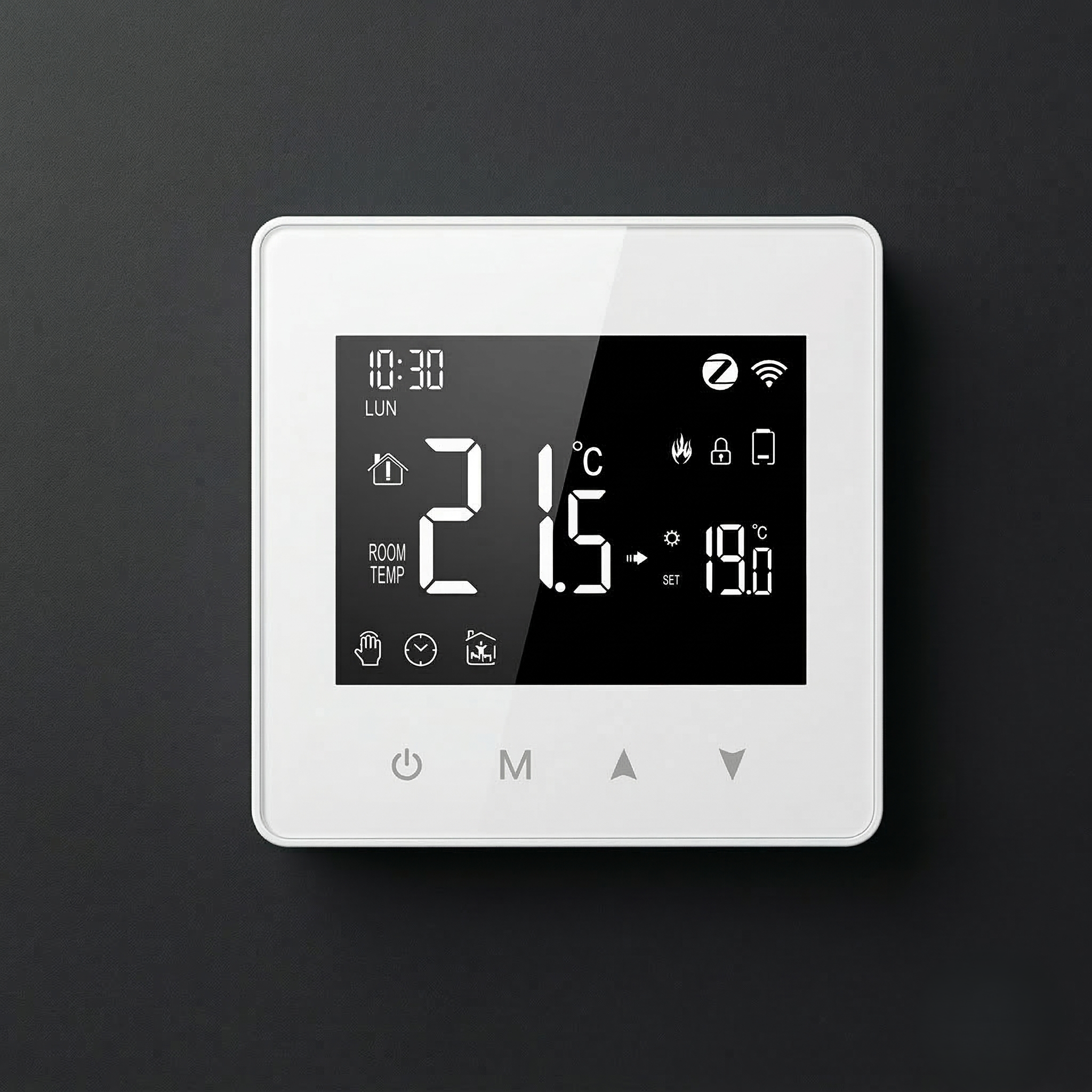 Thermostat mural Wi-Fi blanc sur fond noir avec affichage 21,6 degrés.