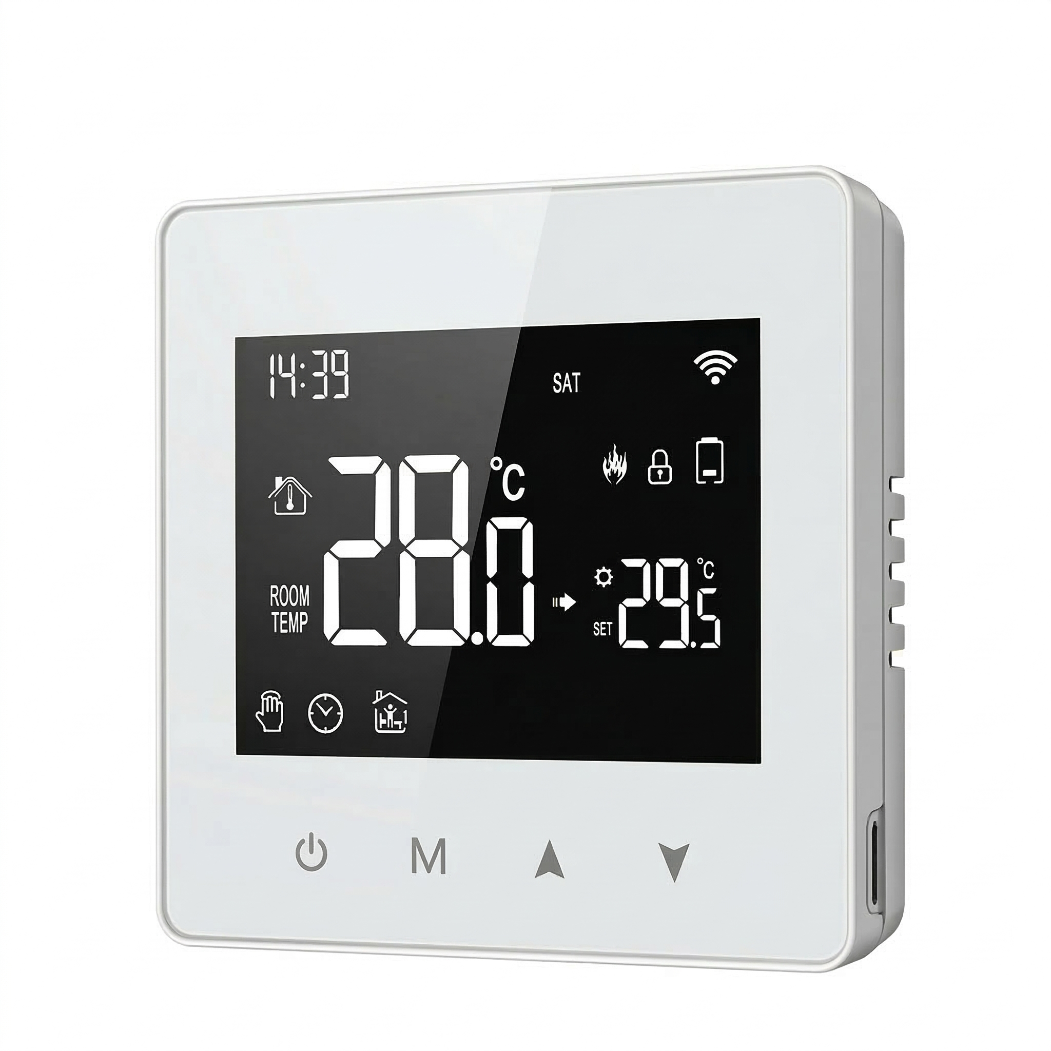 Thermostat mural Wi-Fi blanc présenté en vue produit avec profil visible.