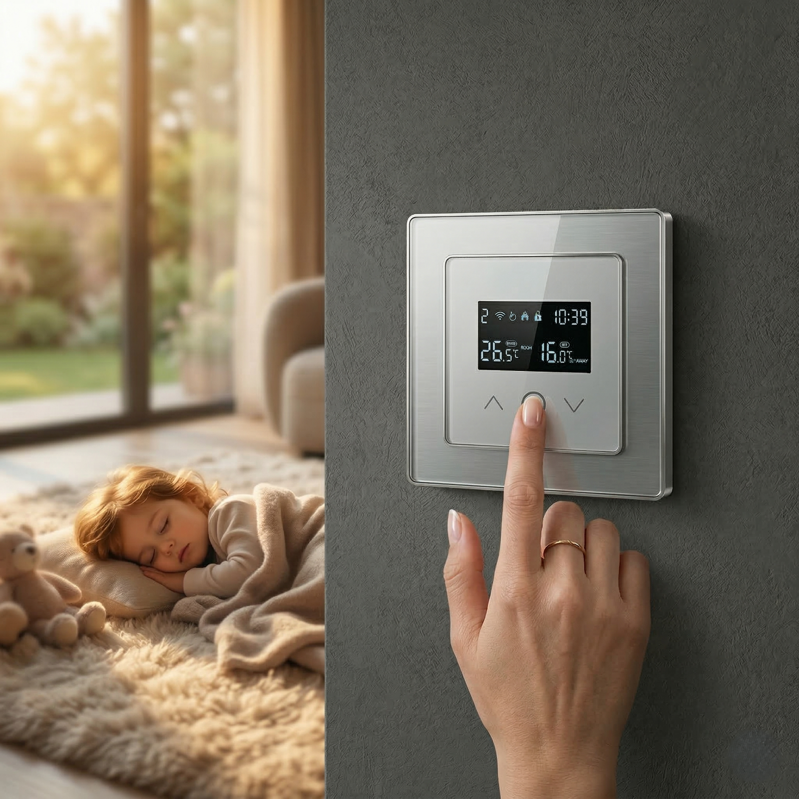 Thermostat mural Wi-Fi contrôlé au doigt dans une chambre d’enfant.