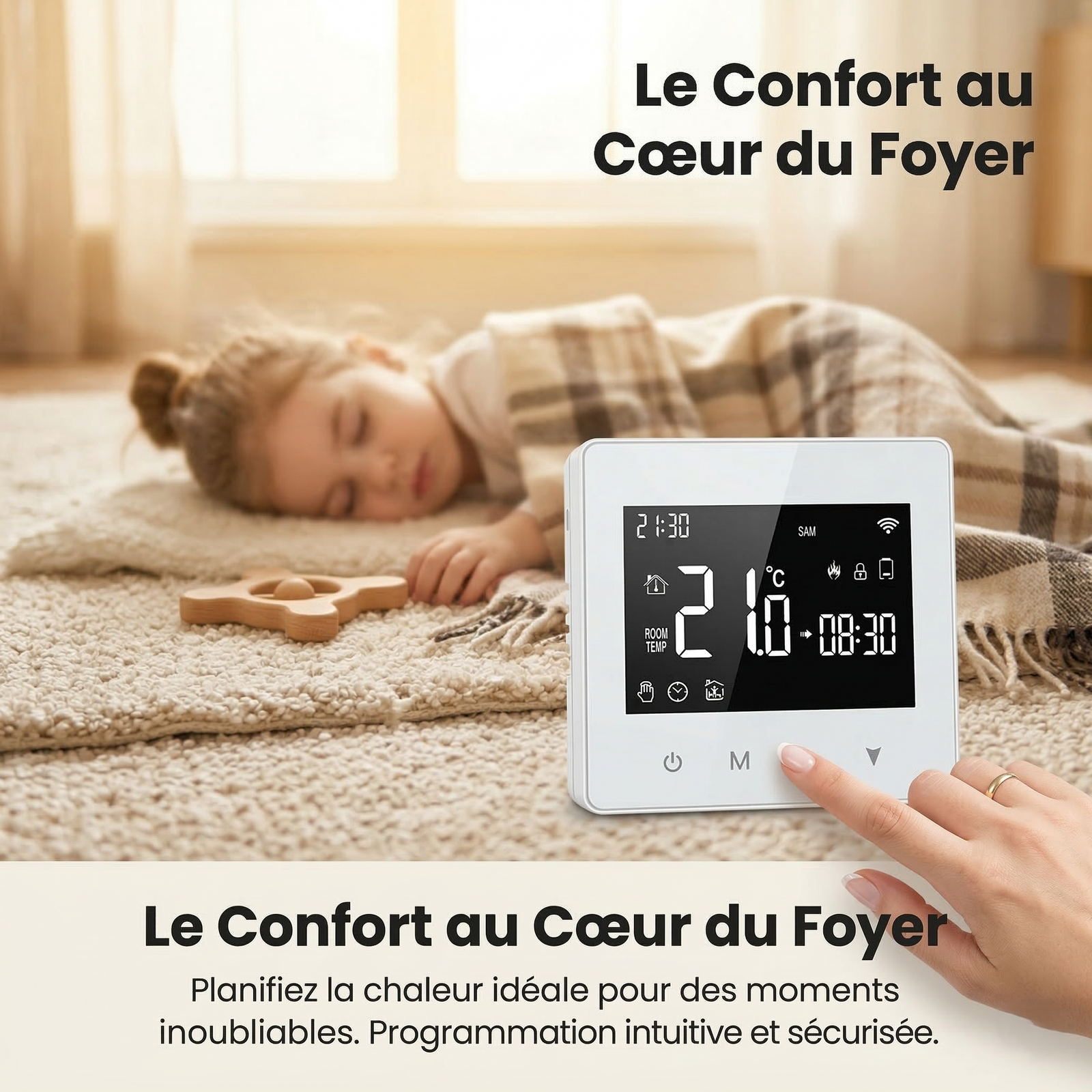 Thermostat mural Wi-Fi programmable pour le confort du foyer.