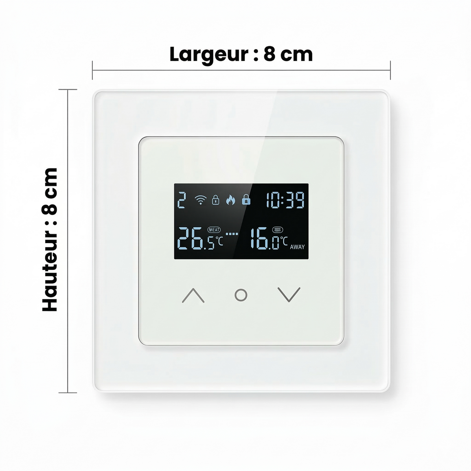 Dimensions 8 cm par 8 cm d’un thermostat mural Wi-Fi blanc.