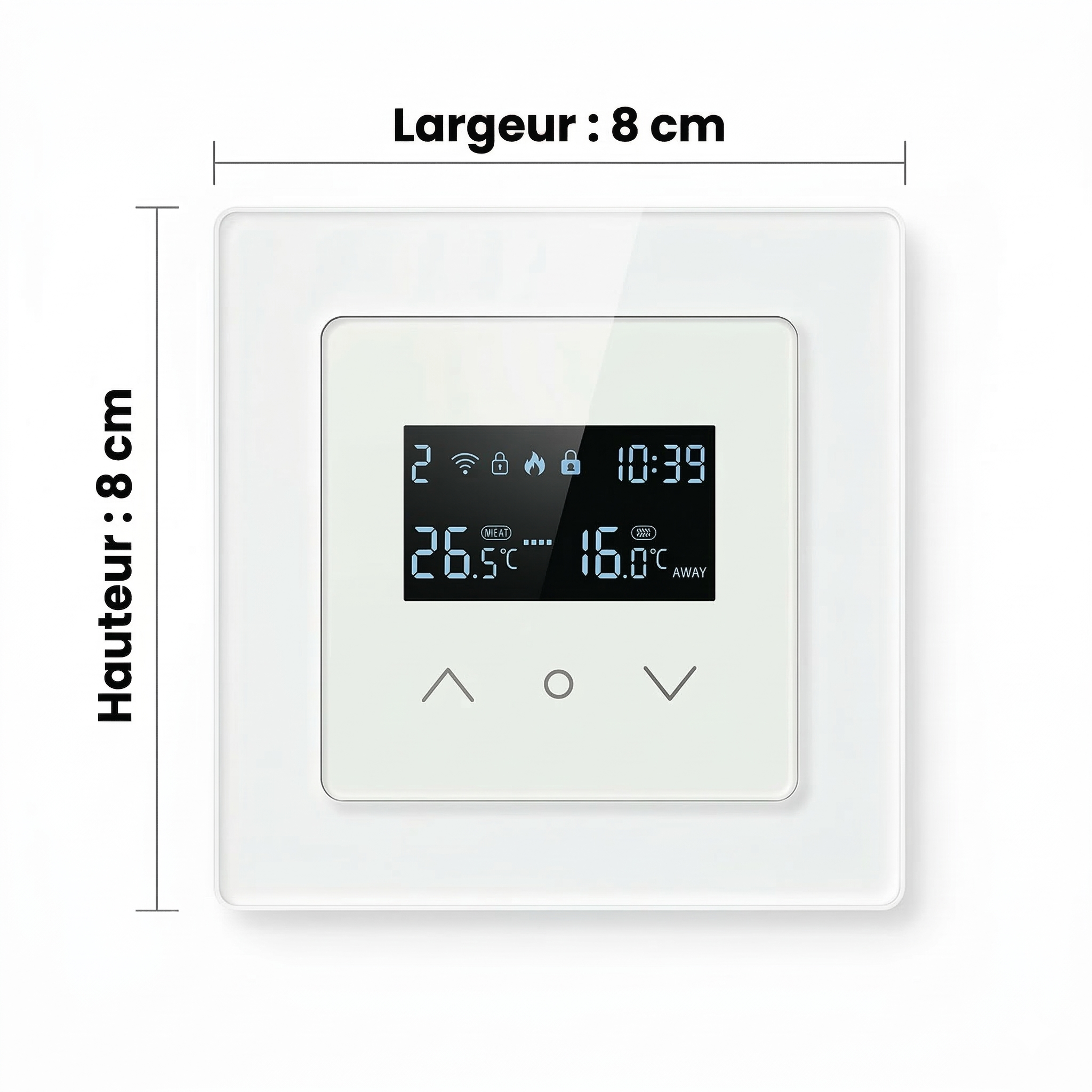 Dimensions 8 cm par 8 cm d’un thermostat mural Wi-Fi blanc.