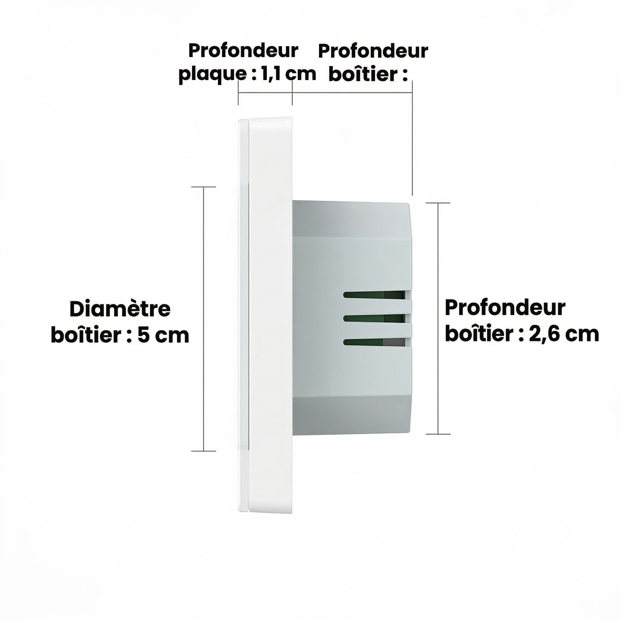 Dimensions de profondeur de la plaque et du boîtier d’un thermostat mural Wi-Fi.