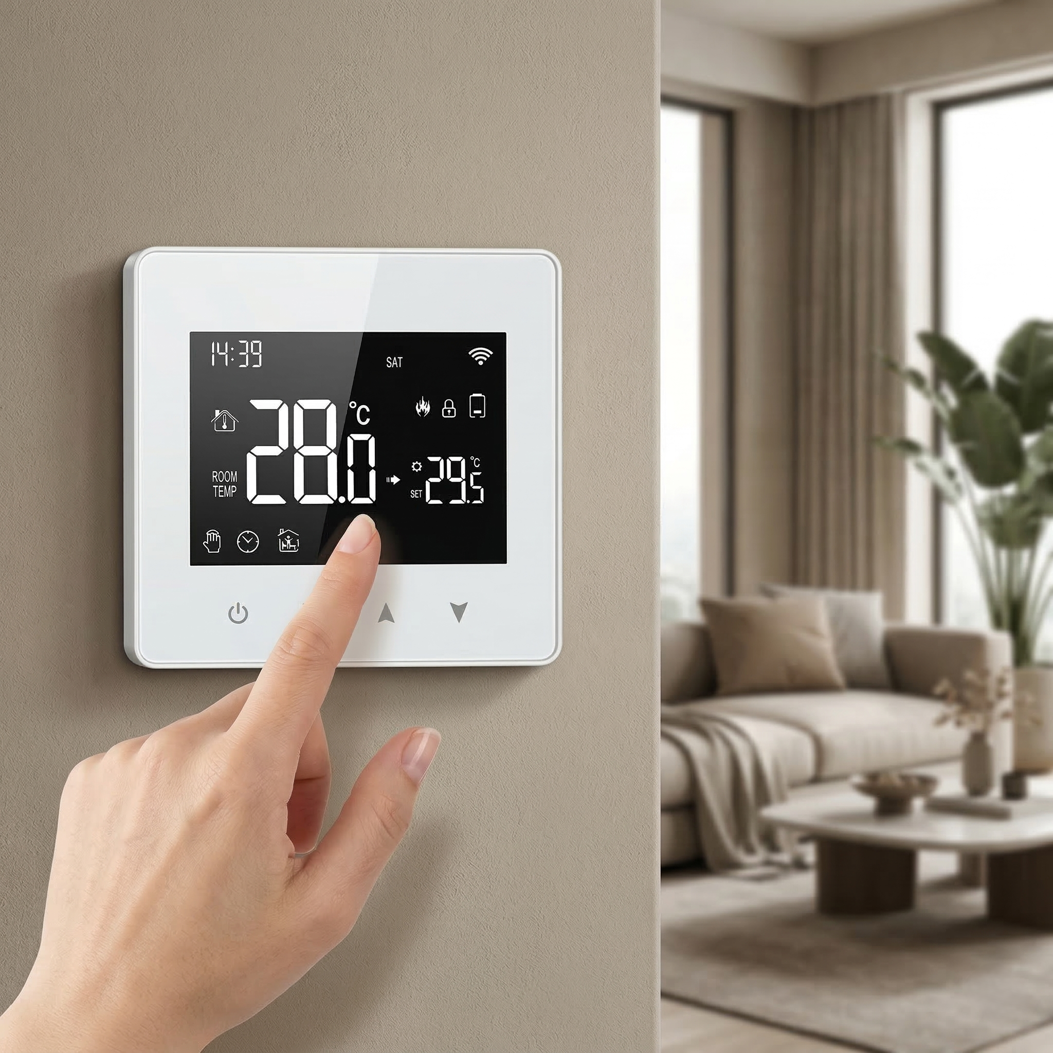 Thermostat mural Wi-Fi tactile réglé au doigt dans un salon moderne.