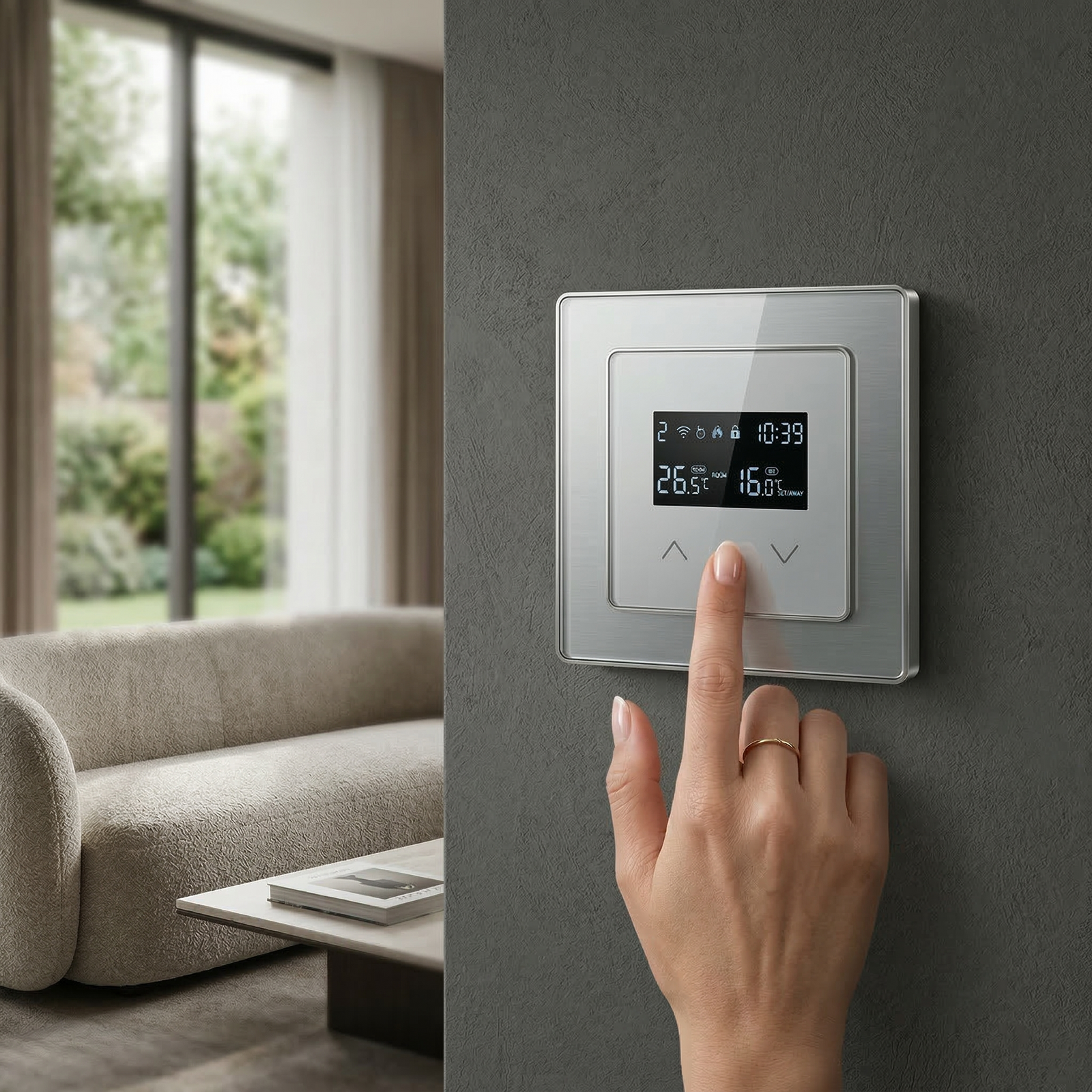 Thermostat mural Wi-Fi installé dans un salon lumineux.