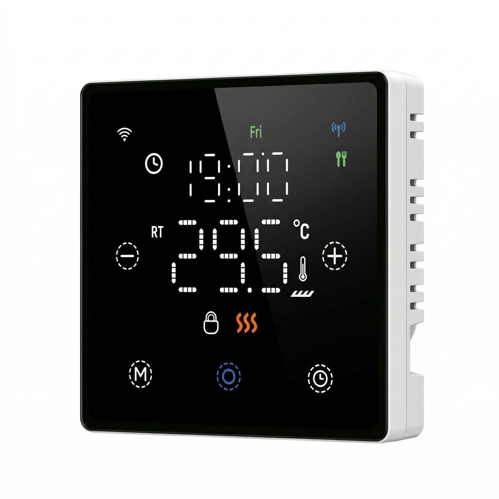 Thermostat noir Neodom sans fil pour chaudiere gaz, vue en angle avec ecran tactile lumineux.