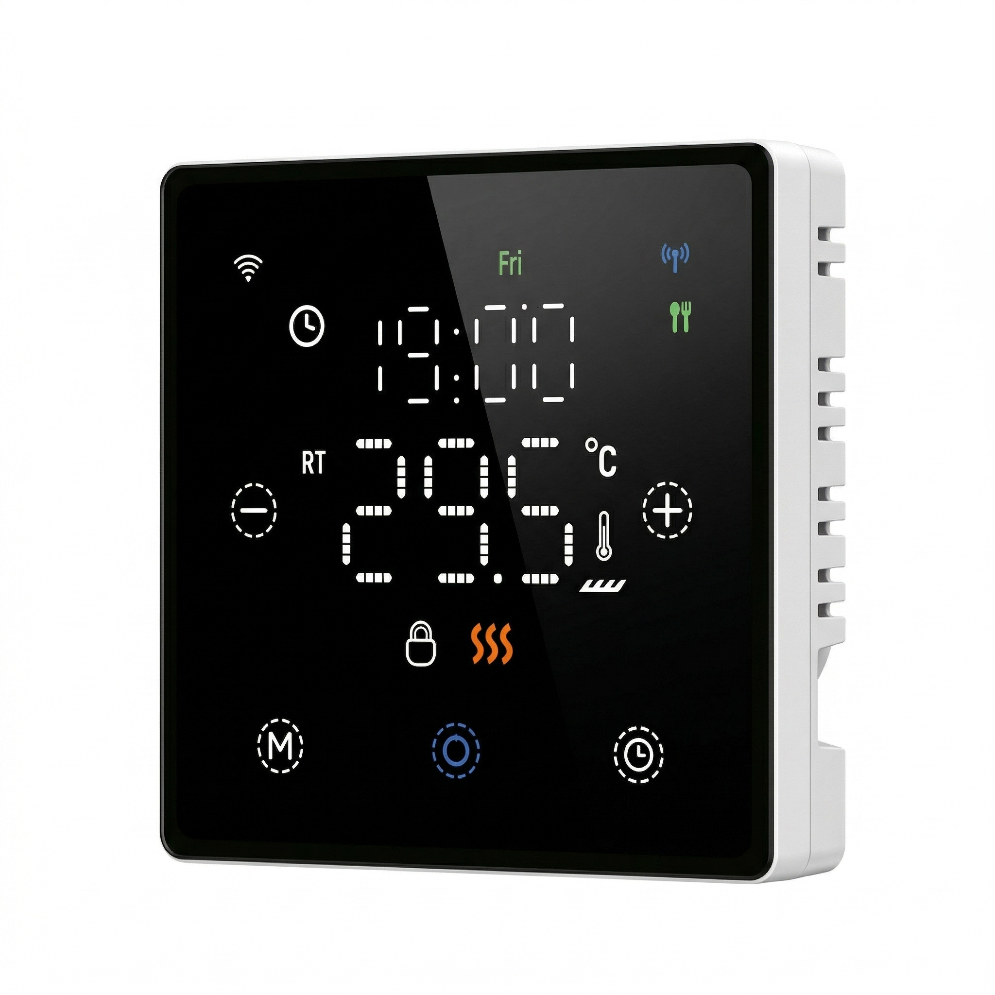 Thermostat noir Neodom sans fil pour chaudiere gaz, vue en angle avec ecran tactile lumineux.