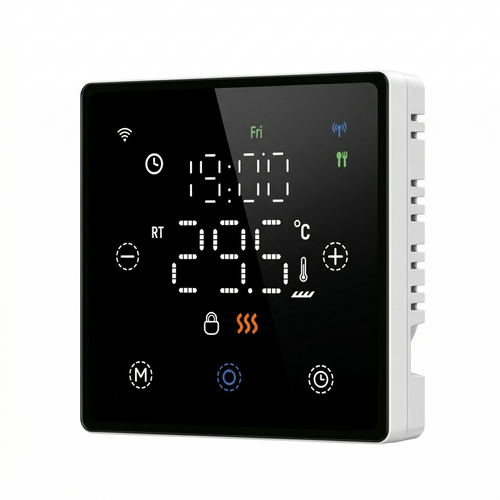 Thermostat noir Neodom sans fil pour chaudiere gaz, vue en angle avec ecran tactile lumineux.