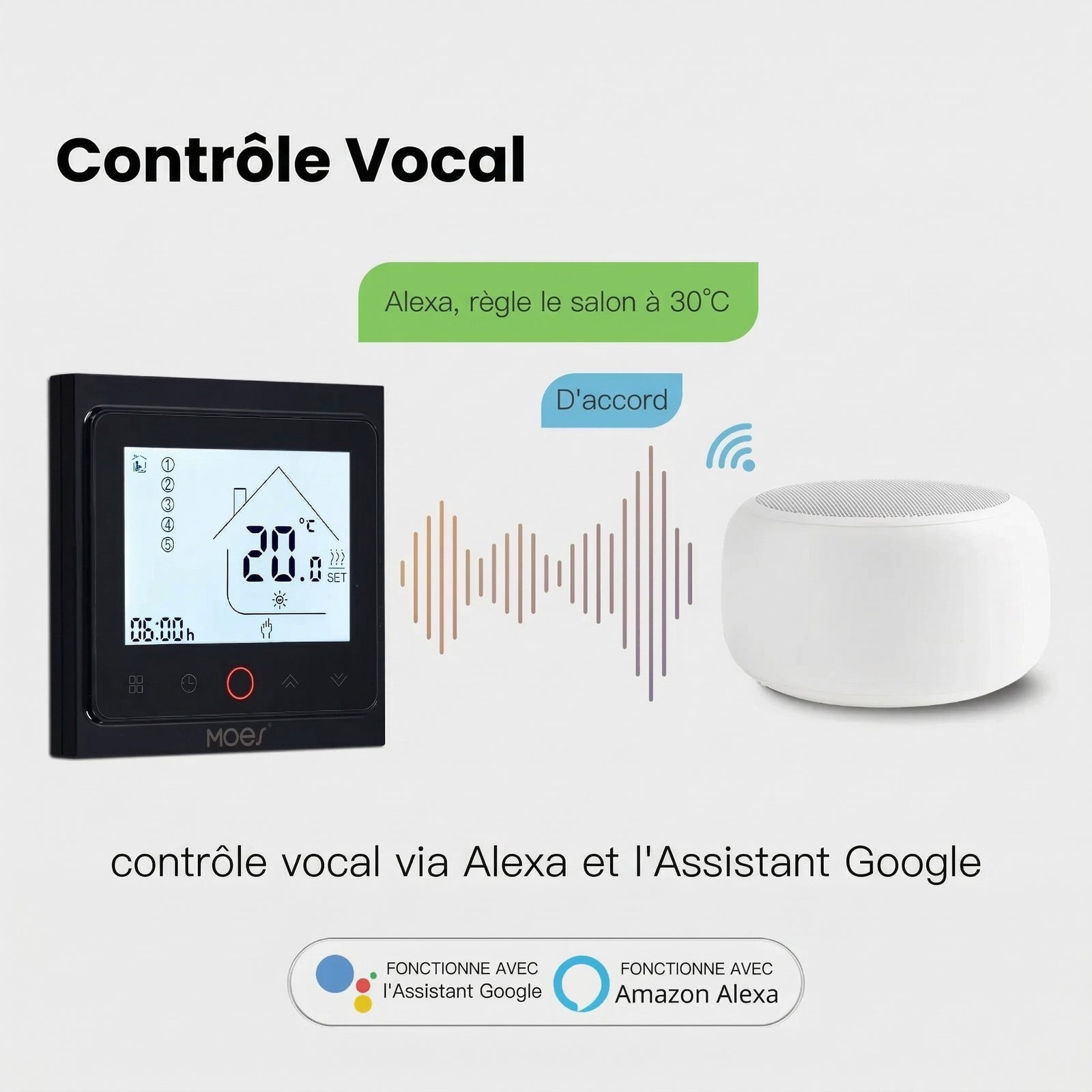NéoControl Comfort noir avec commande vocale pour piloter le chauffage connecté à distance.