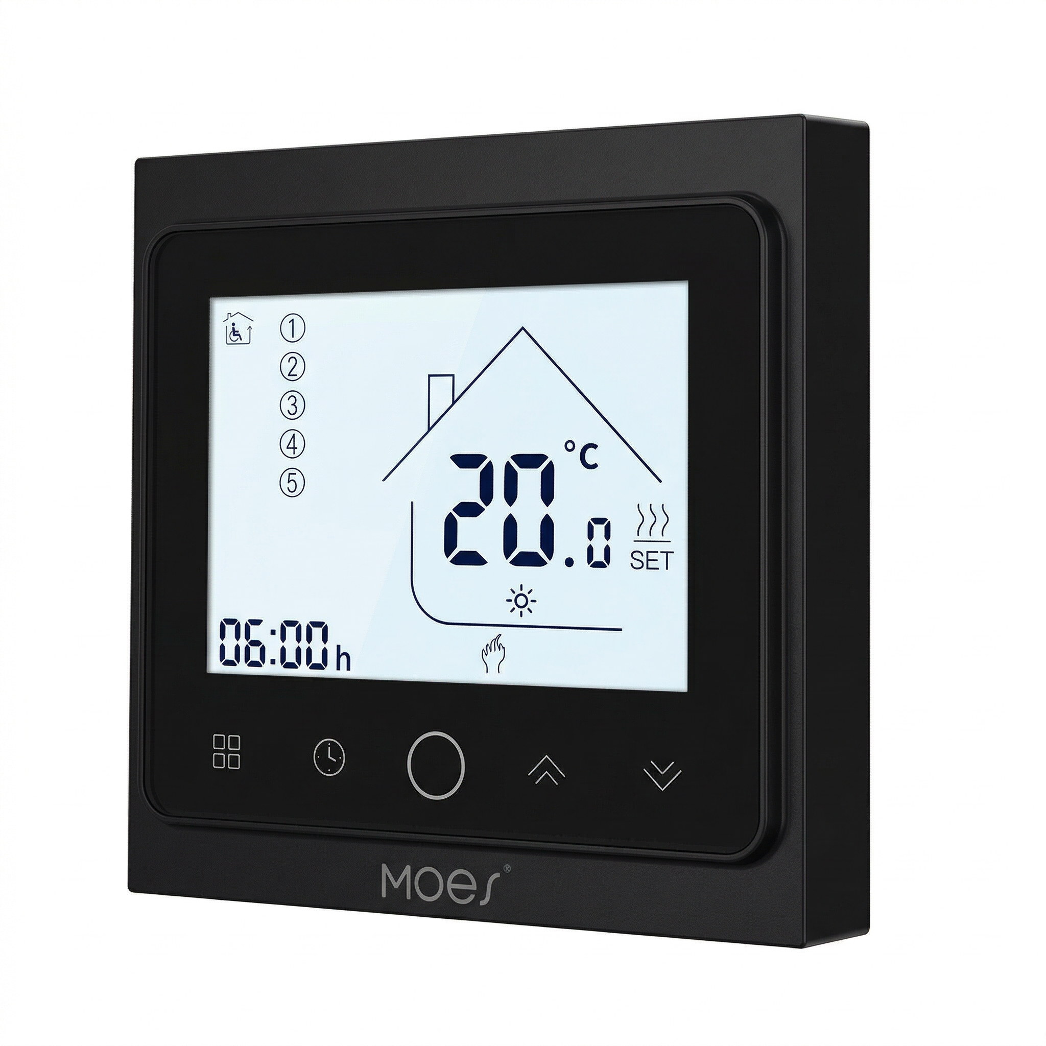 NéoControl Comfort noir avec écran LCD affichant 20 degrés, heure et mode chauffage.