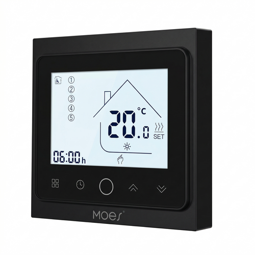 NéoControl Comfort noir avec écran LCD affichant 20 degrés, heure et mode chauffage.