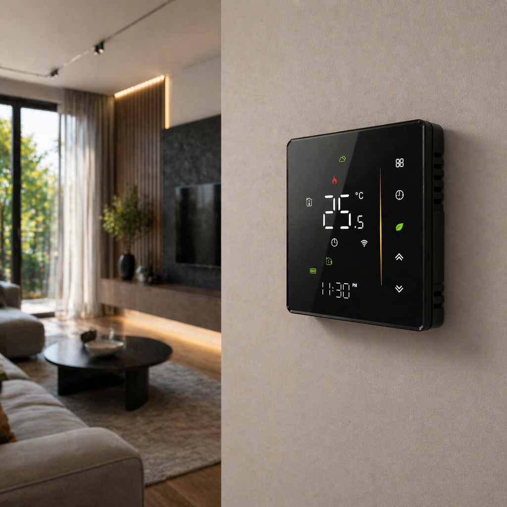 NéoStation Comfort noir installé sur un mur de salon avec écran LED allumé.