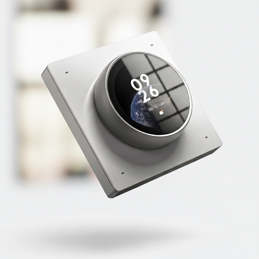 Gros plan sur un thermostat rond mural blanc avec molette connectée.