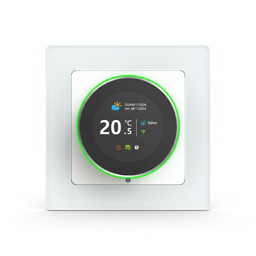 Gros plan sur un thermostat rond mural blanc avec molette connectée.