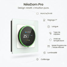 Thermostat rond mural blanc avec détails des fonctions connectées.