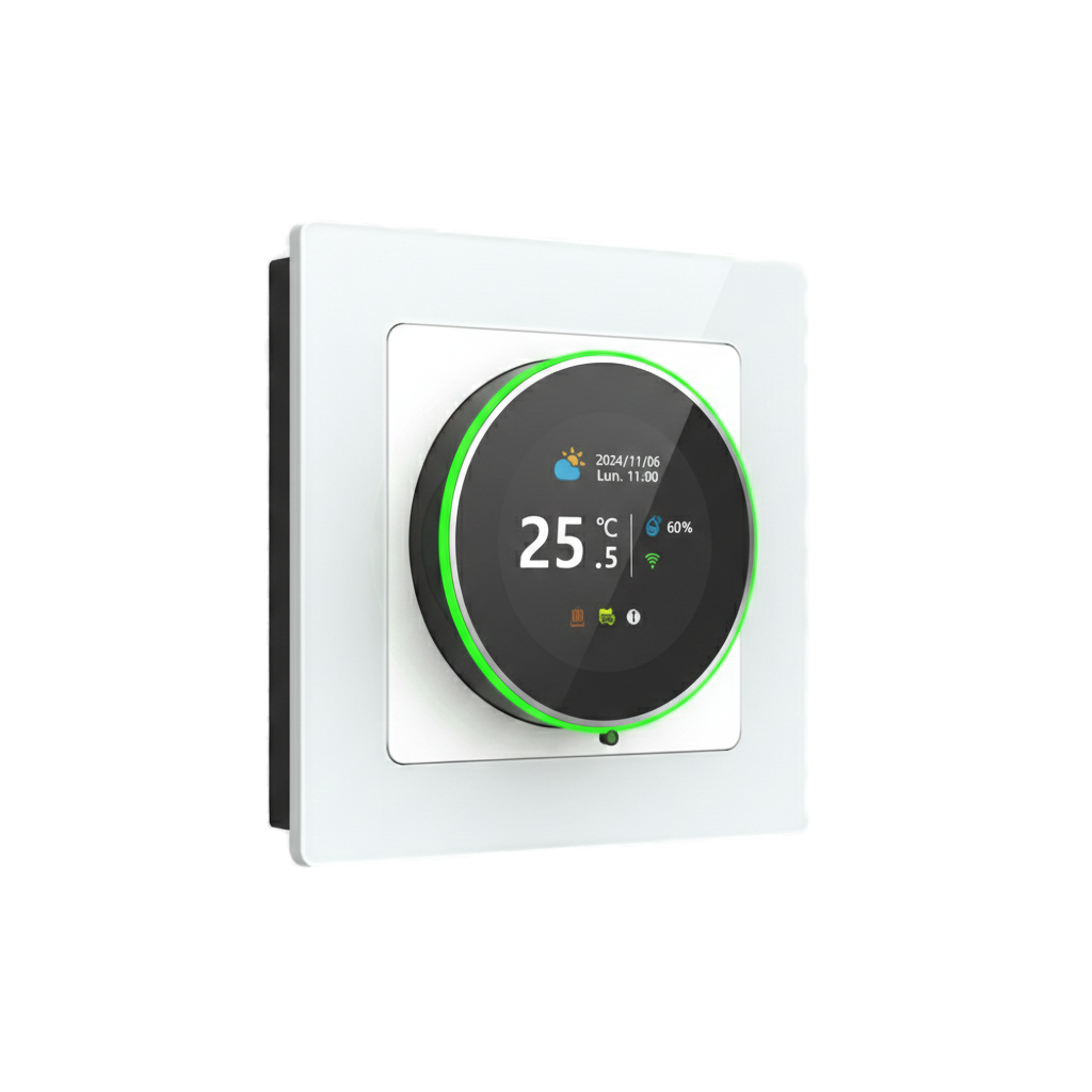 Vue inclinée d’un thermostat rond mural blanc avec molette connectée.