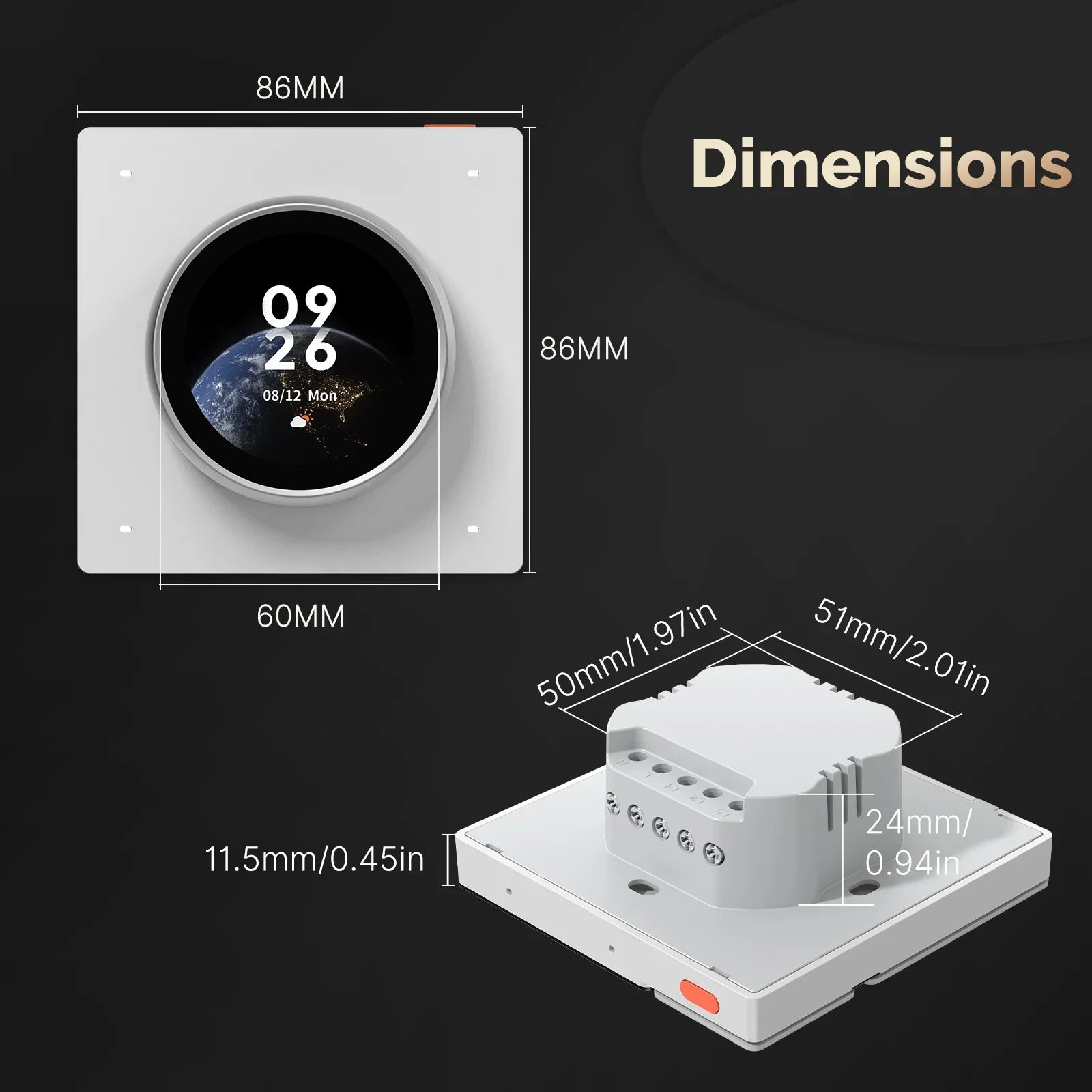 Dimensions du thermostat rond mural avec plaque 86 mm et profondeur du boîtier.