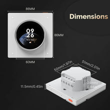 Dimensions du thermostat rond mural avec plaque 86 mm et profondeur du boîtier.