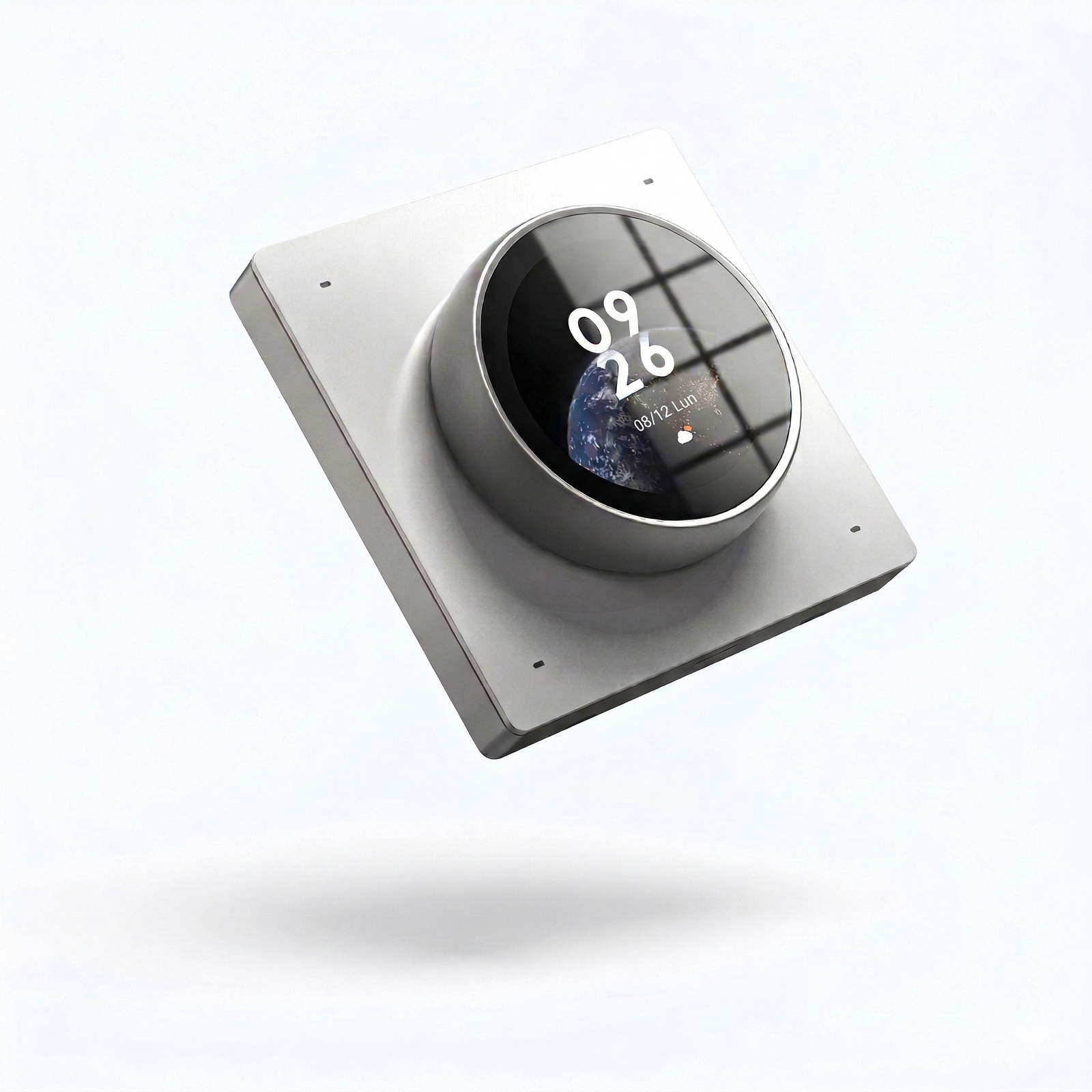 Thermostat rond mural blanc avec molette et affichage 09:26.