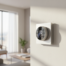 Thermostat rond mural connecté installé dans un salon.