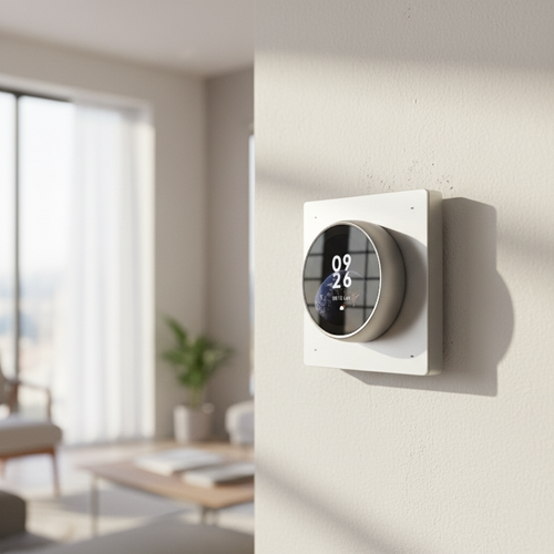Thermostat rond mural connecté installé dans un salon.
