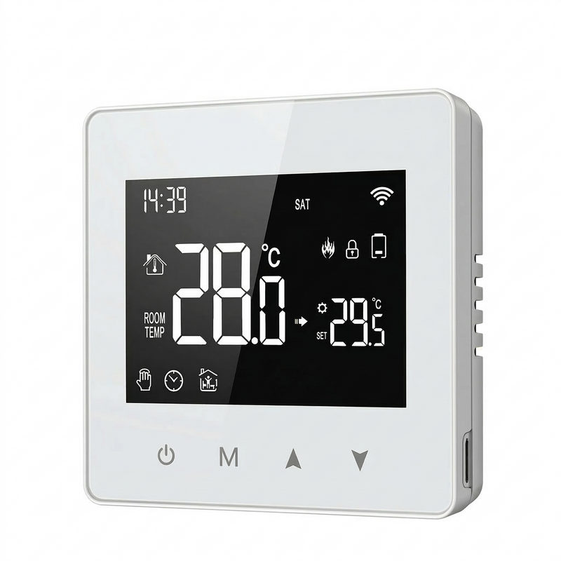 Thermostat Wi-Fi blanc avec affichage de température à 20 degrés.