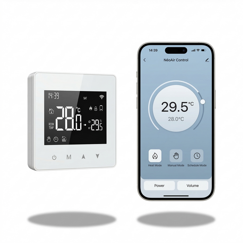 Thermostat Wi-Fi blanc connecté à une application mobile réglée à 29,5 degrés.