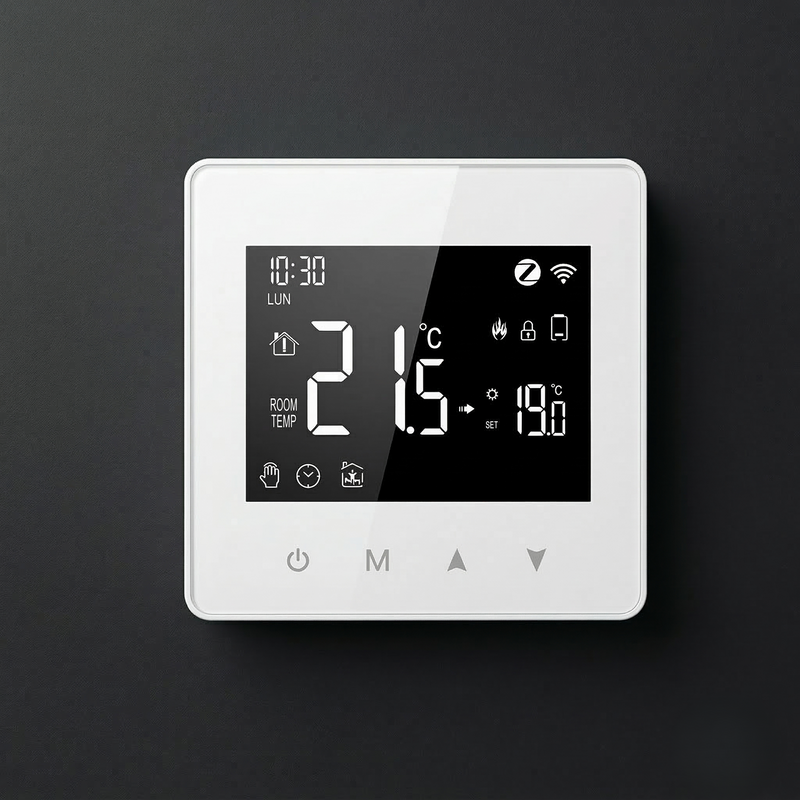 Thermostat Wi-Fi blanc mural avec affichage de température à 21,6 degrés.