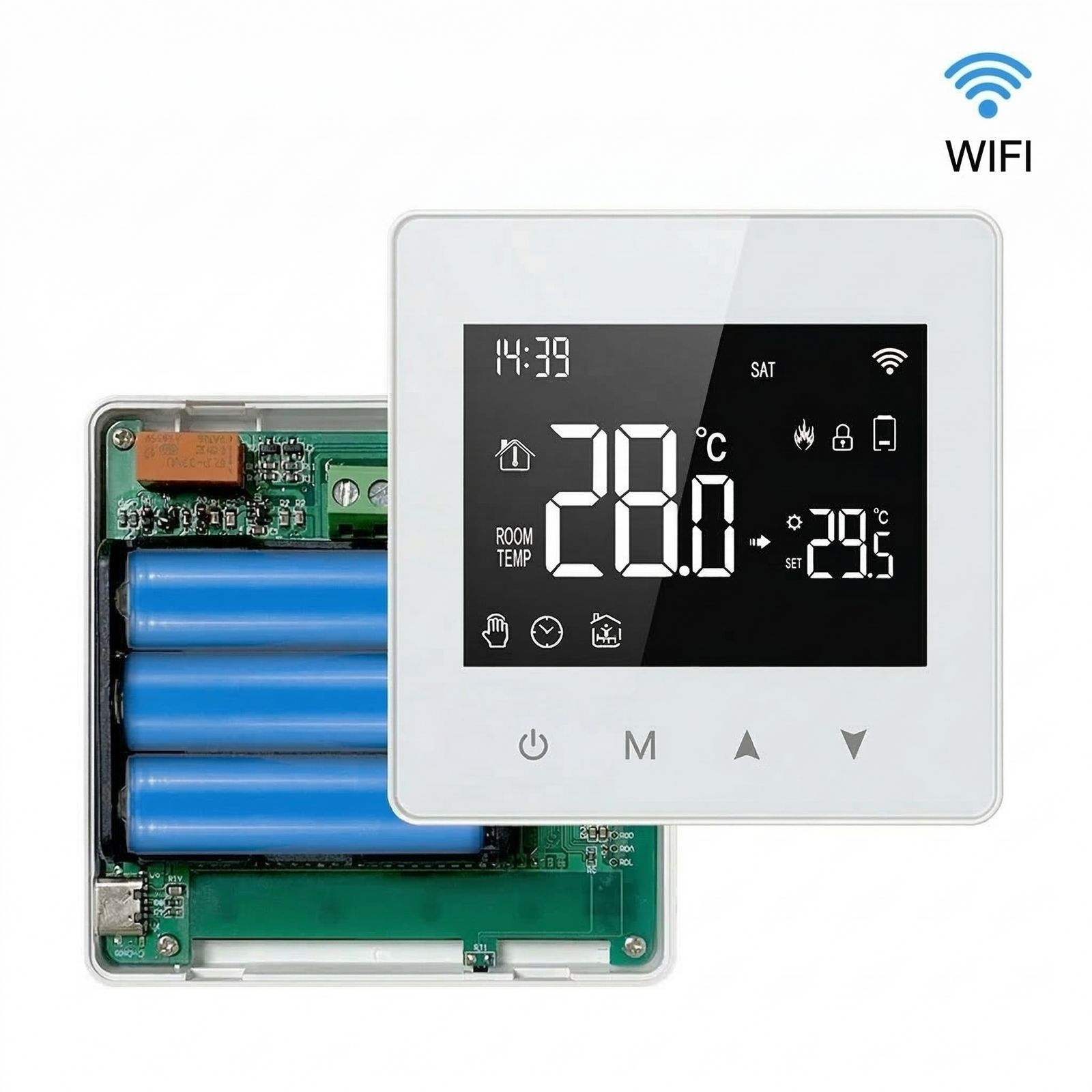 Thermostat Wi-Fi blanc à piles avec écran digital et circuit visible.