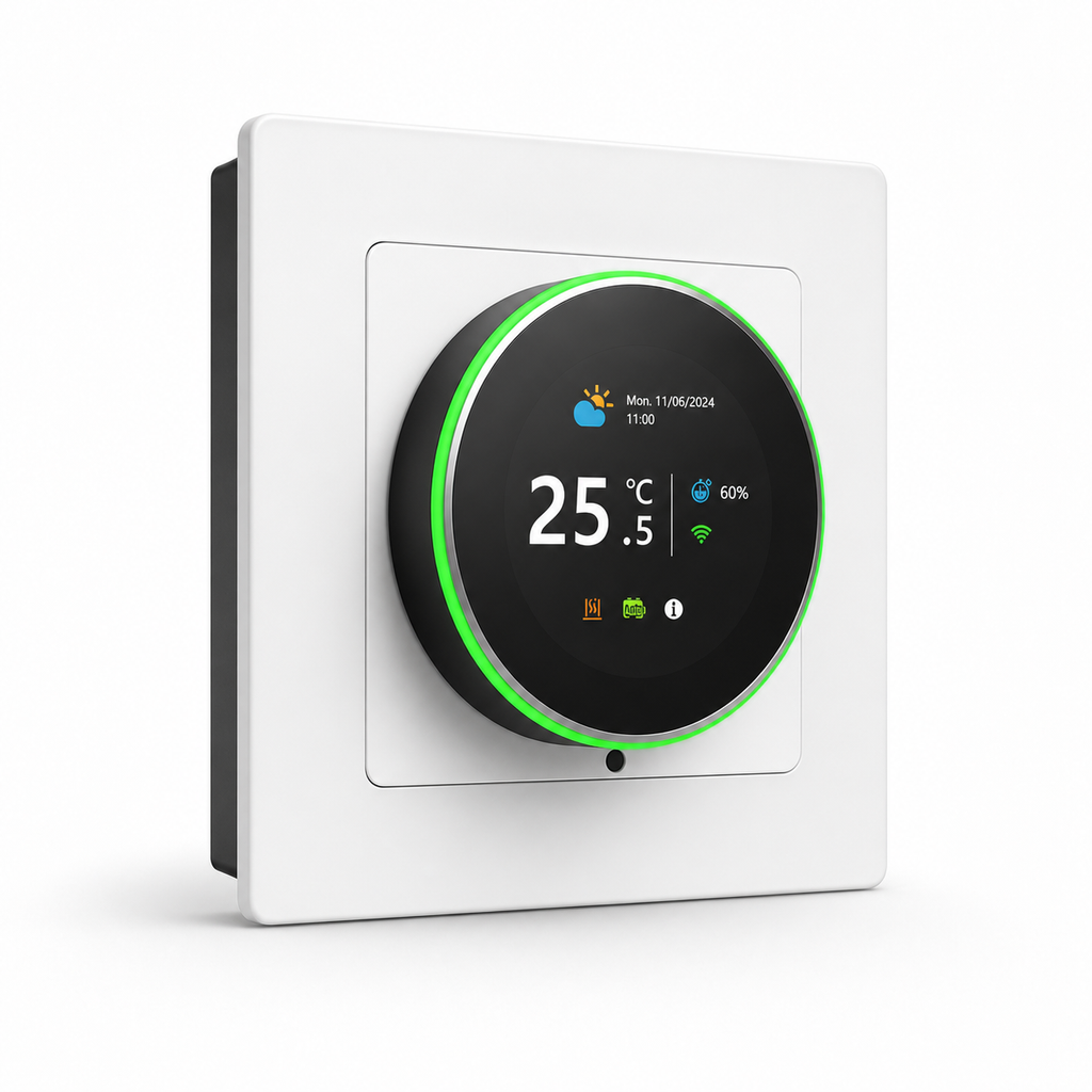 Angled studio view of white rotary Wi-Fi thermostat with circular display