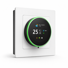 Angled studio view of white rotary Wi-Fi thermostat with circular display