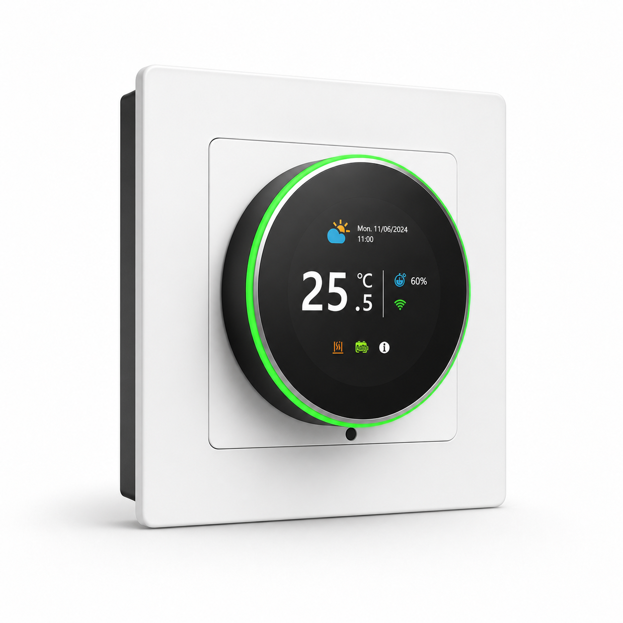 Angled studio view of white rotary Wi-Fi thermostat with circular display