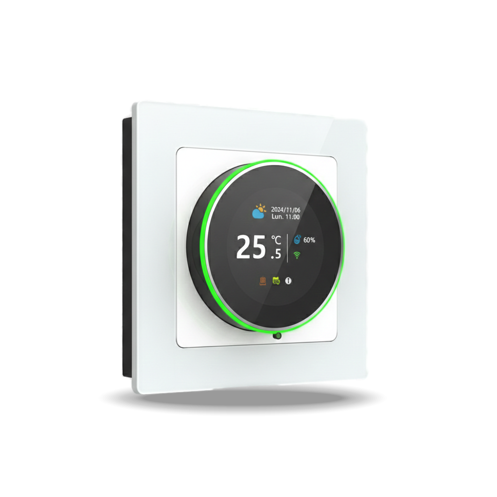 Thermostat Wi-Fi Rotary-S blanc pur vue inclinée sur fond blanc studio.