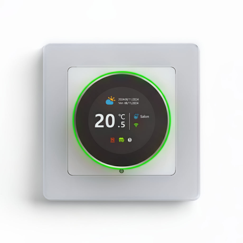 Thermostat Wi-Fi Rotary-S blanc pur vue de face sur fond blanc studio.
