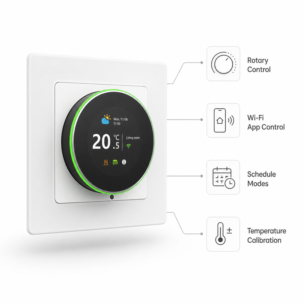 Feature callout image for rotary Wi-Fi thermostat with app control and schedule modes