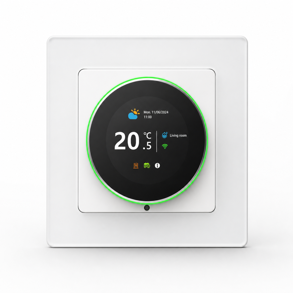 Studio front packshot of white rotary Wi-Fi thermostat with green LED ring